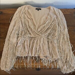Lulus Sparkling Beige Fringe Blouse